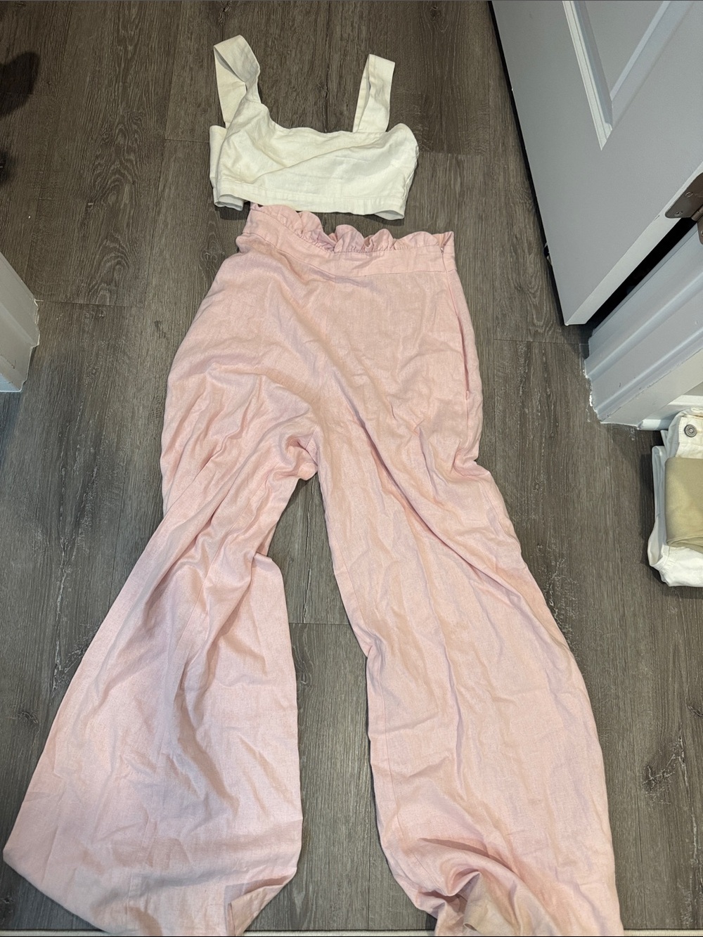 Light Pink Wide-Leg Paperbag Waist Pants — Women's Relaxed Fit